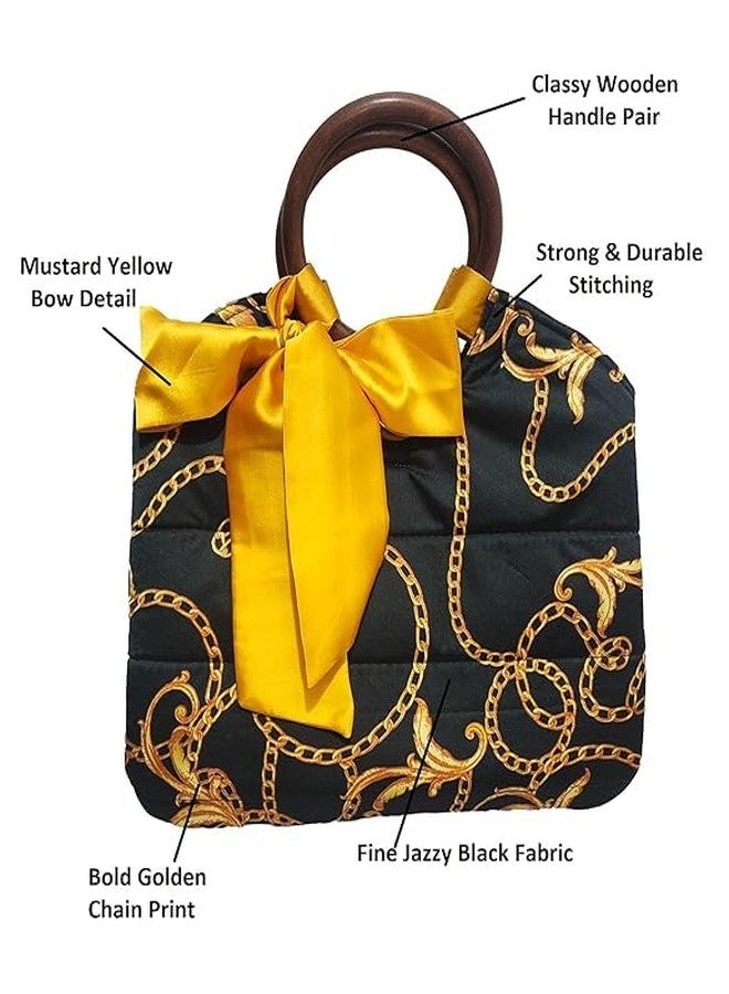 athizay handbags wooden handles Potli Bags with Handcrafted Bow Detail hand carry artistic wristlets bags for women (Black, Gold) - Image 3